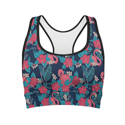 Flamingo And Hawaiian Floral Print Women's Sports Bra