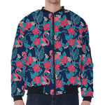 Flamingo And Hawaiian Floral Print Zip Sleeve Bomber Jacket