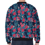 Flamingo And Hawaiian Floral Print Zip Sleeve Bomber Jacket