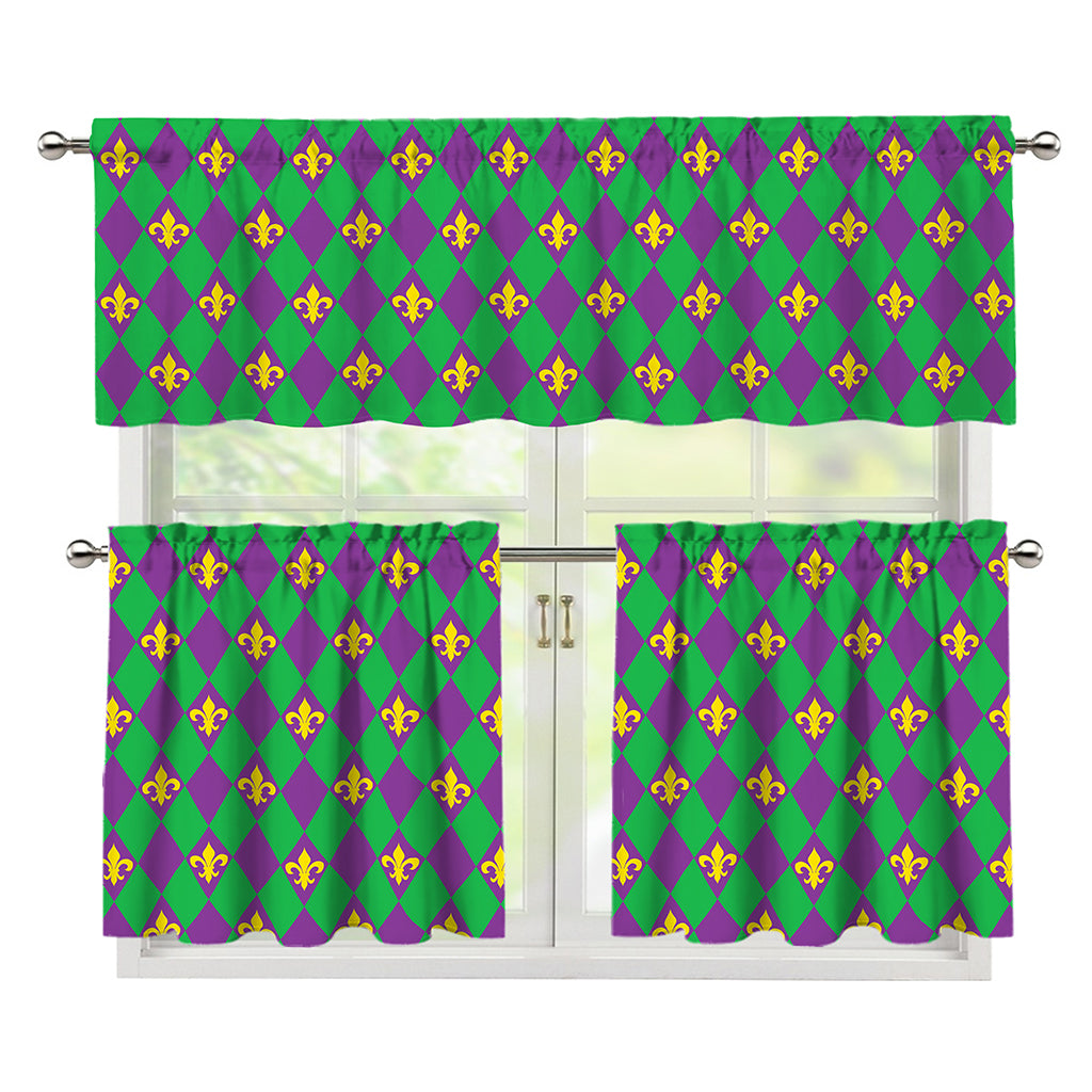 Fleur-De-Lis Mardi Gras Pattern Print 3 Piece Kitchen Curtains