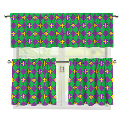 Fleur-De-Lis Mardi Gras Pattern Print 3 Piece Kitchen Curtains