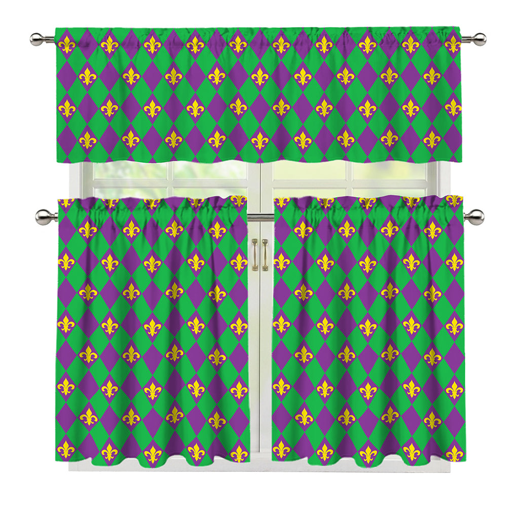 Fleur-De-Lis Mardi Gras Pattern Print 3 Piece Kitchen Curtains