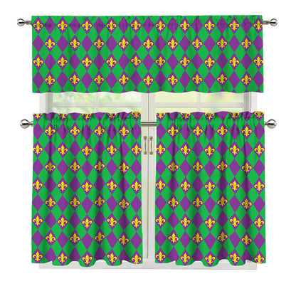 Fleur-De-Lis Mardi Gras Pattern Print 3 Piece Kitchen Curtains
