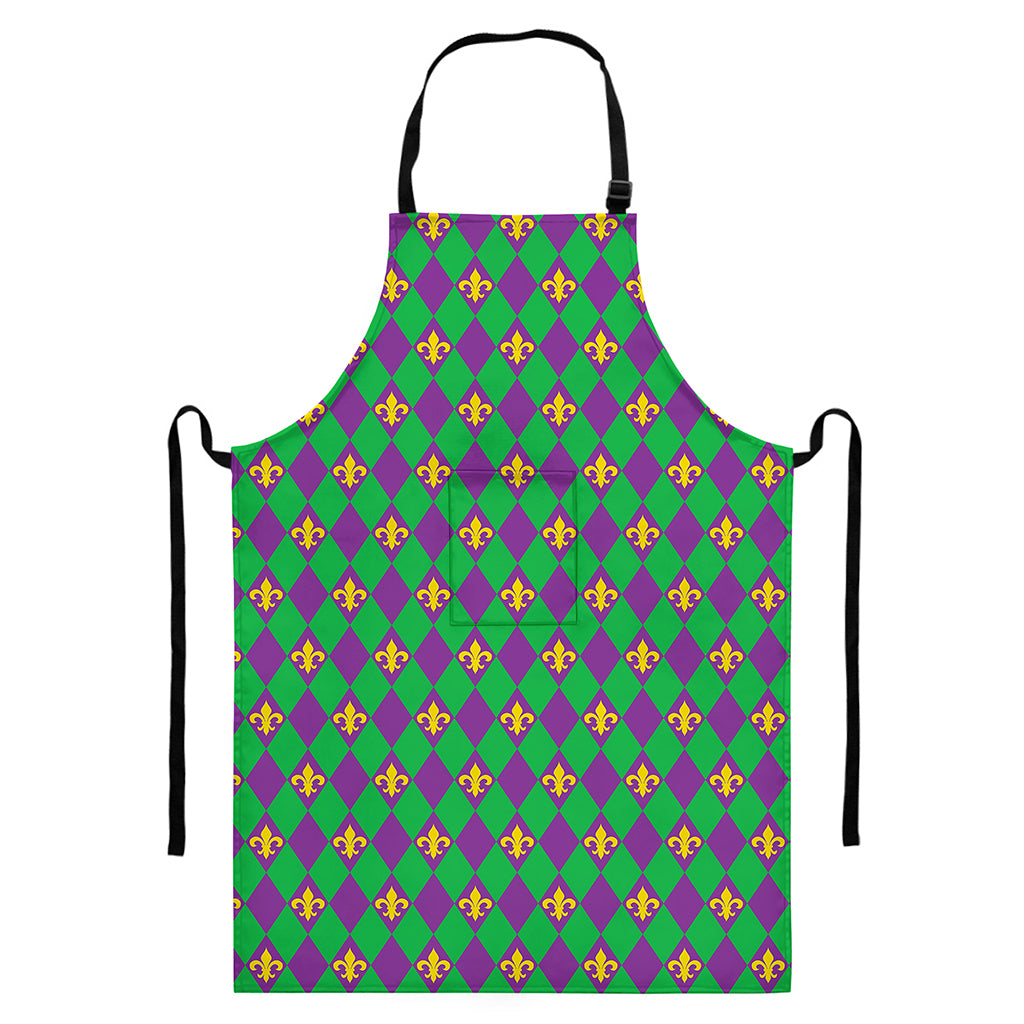 Fleur-De-Lis Mardi Gras Pattern Print Bib Apron With Pocket