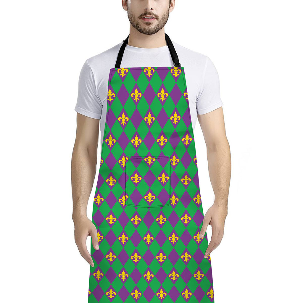 Fleur-De-Lis Mardi Gras Pattern Print Bib Apron With Pocket