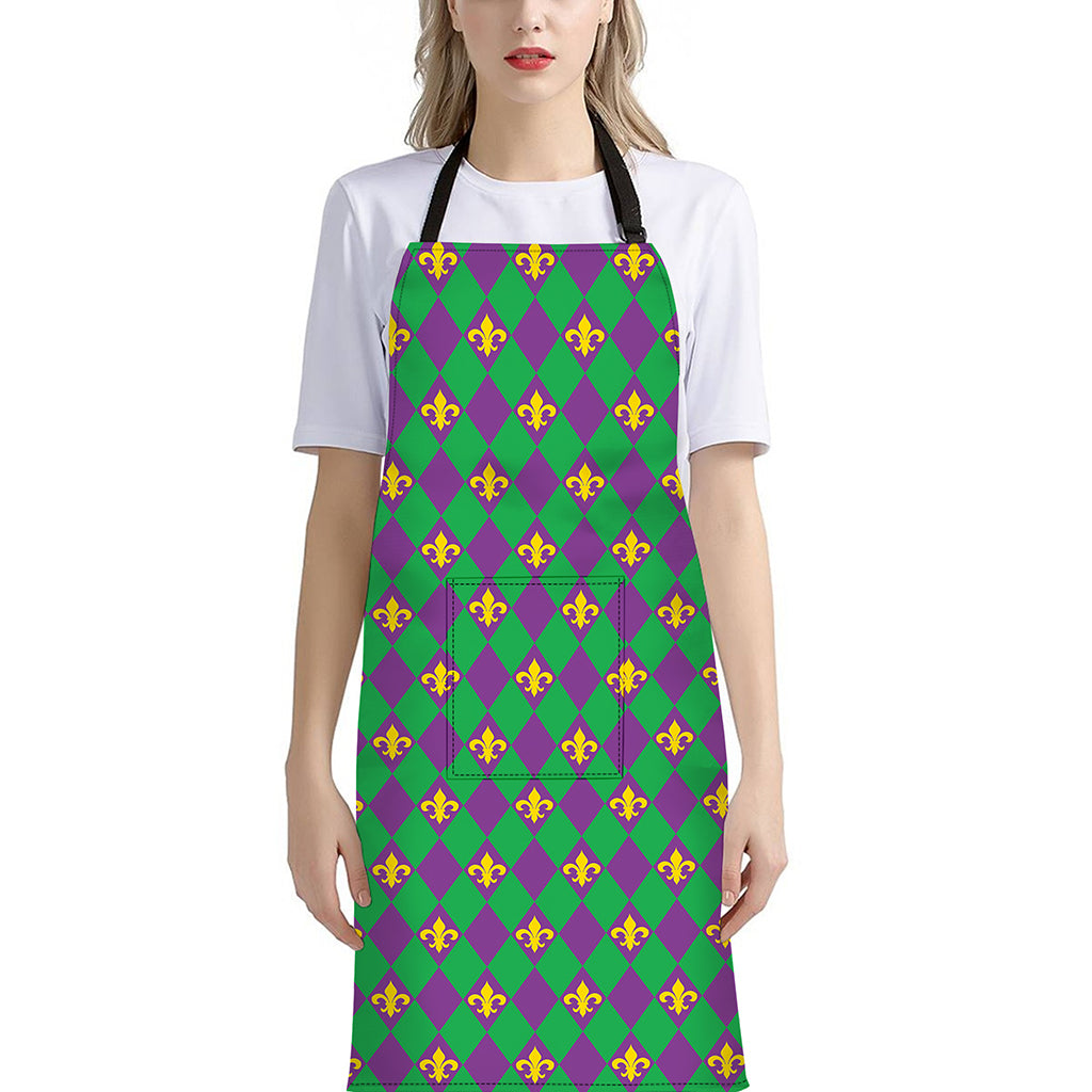 Fleur-De-Lis Mardi Gras Pattern Print Bib Apron With Pocket
