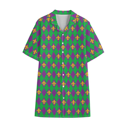 Fleur-De-Lis Mardi Gras Pattern Print Cotton Hawaiian Shirt