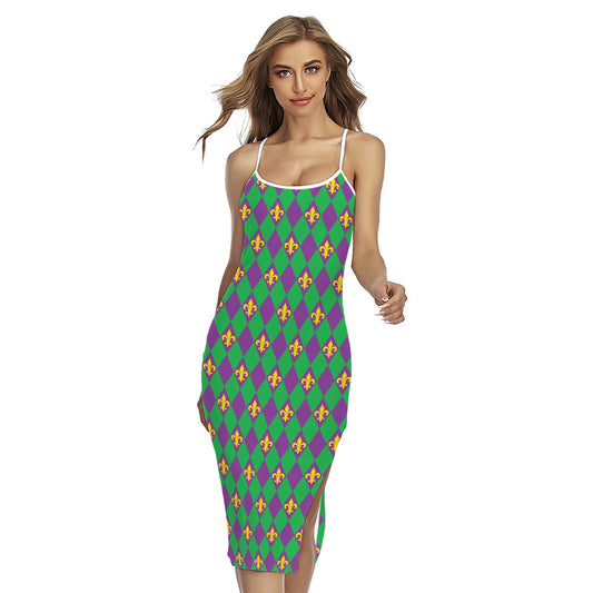 Fleur-De-Lis Mardi Gras Pattern Print Cross Back Cami Dress