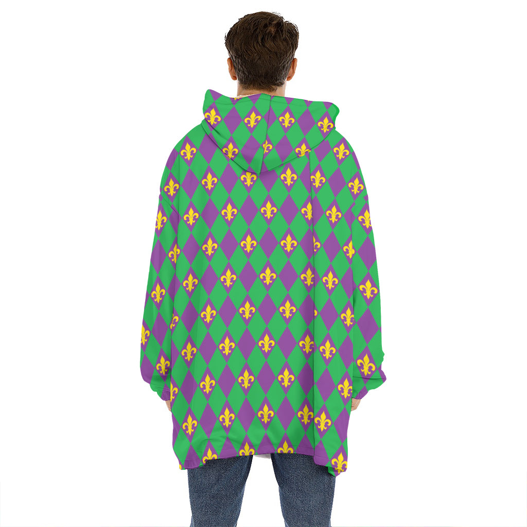 Fleur-De-Lis Mardi Gras Pattern Print Hoodie Blanket
