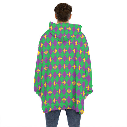 Fleur-De-Lis Mardi Gras Pattern Print Hoodie Blanket