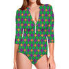 Fleur-De-Lis Mardi Gras Pattern Print Long Sleeve Swimsuit