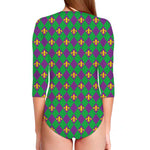 Fleur-De-Lis Mardi Gras Pattern Print Long Sleeve Swimsuit