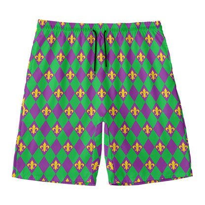 Fleur-De-Lis Mardi Gras Pattern Print Men's Swim Trunks