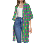Fleur-De-Lis Mardi Gras Pattern Print Open Front Beach Cover Up