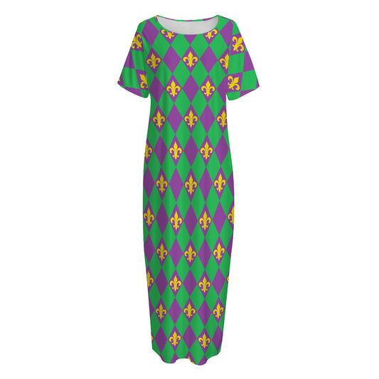Fleur-De-Lis Mardi Gras Pattern Print Short Sleeve Long Nightdress