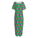 Fleur-De-Lis Mardi Gras Pattern Print Short Sleeve Long Nightdress