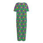 Fleur-De-Lis Mardi Gras Pattern Print Short Sleeve Long Nightdress