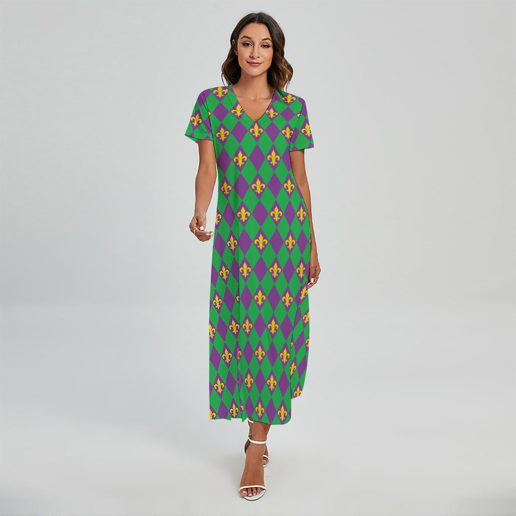 Fleur-De-Lis Mardi Gras Pattern Print Short Sleeve Maxi Dress