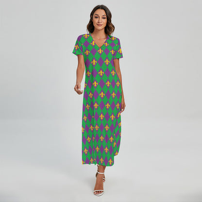 Fleur-De-Lis Mardi Gras Pattern Print Short Sleeve Maxi Dress