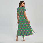 Fleur-De-Lis Mardi Gras Pattern Print Short Sleeve Maxi Dress