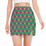 Fleur-De-Lis Mardi Gras Pattern Print Side Slit Mini Skirt