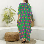 Fleur-De-Lis Mardi Gras Pattern Print Silk V-Neck Kaftan Dress