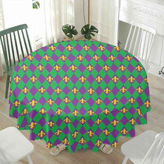 Fleur-De-Lis Mardi Gras Pattern Print Waterproof Round Tablecloth