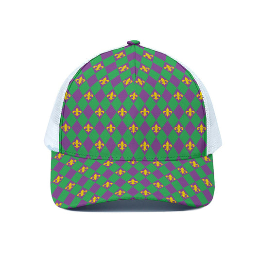 Fleur-De-Lis Mardi Gras Pattern Print White Mesh Trucker Cap
