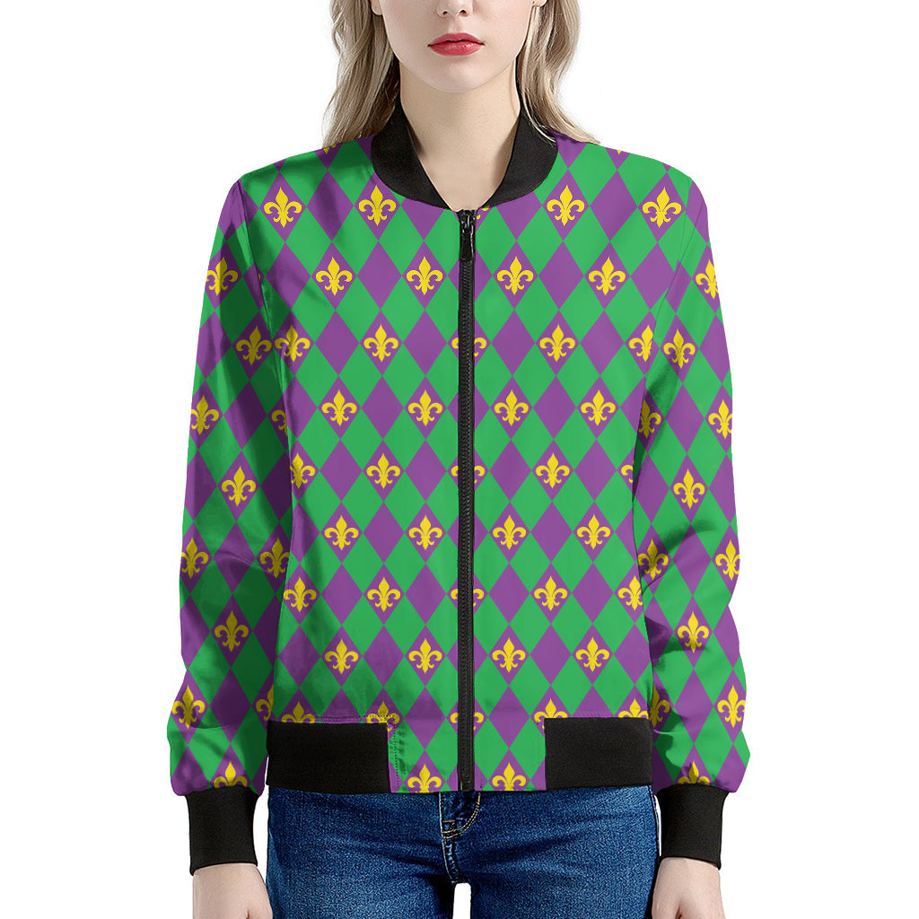 Fleur-De-Lis Mardi Gras Pattern Print Women's Bomber Jacket