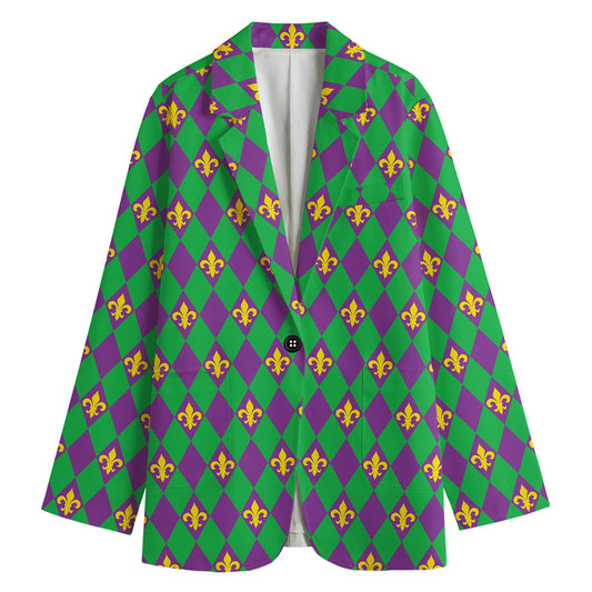 Fleur-De-Lis Mardi Gras Pattern Print Women's Cotton Blazer