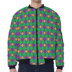 Fleur-De-Lis Mardi Gras Pattern Print Zip Sleeve Bomber Jacket