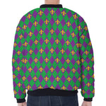 Fleur-De-Lis Mardi Gras Pattern Print Zip Sleeve Bomber Jacket