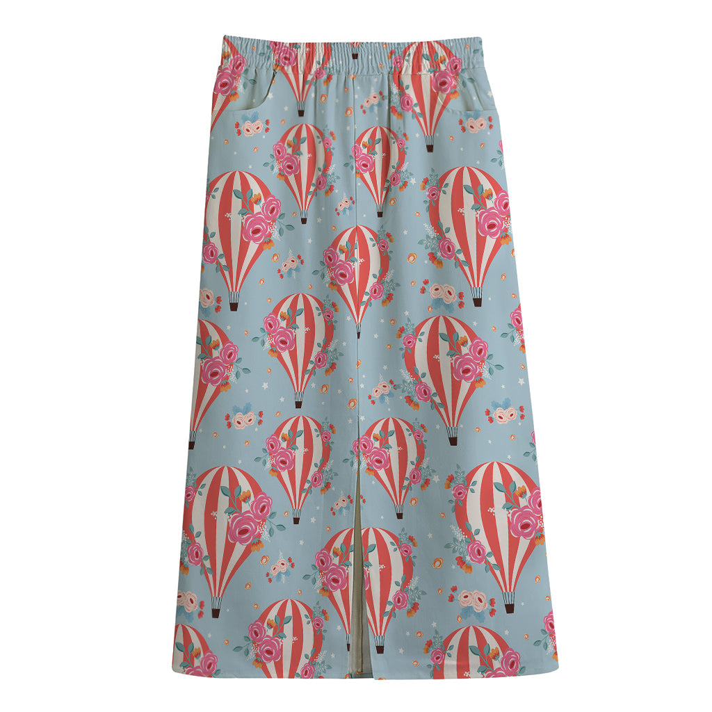 Floral Air Balloon Pattern Print Cotton Front Slit Maxi Skirt