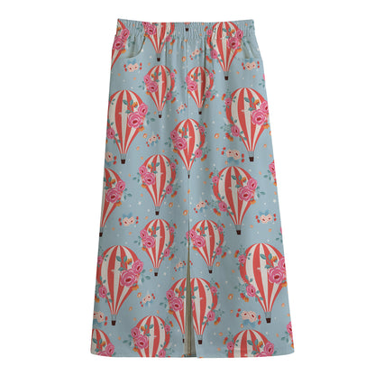 Floral Air Balloon Pattern Print Cotton Front Slit Maxi Skirt