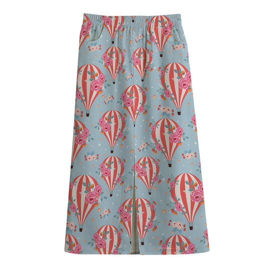 Floral Air Balloon Pattern Print Cotton Front Slit Maxi Skirt