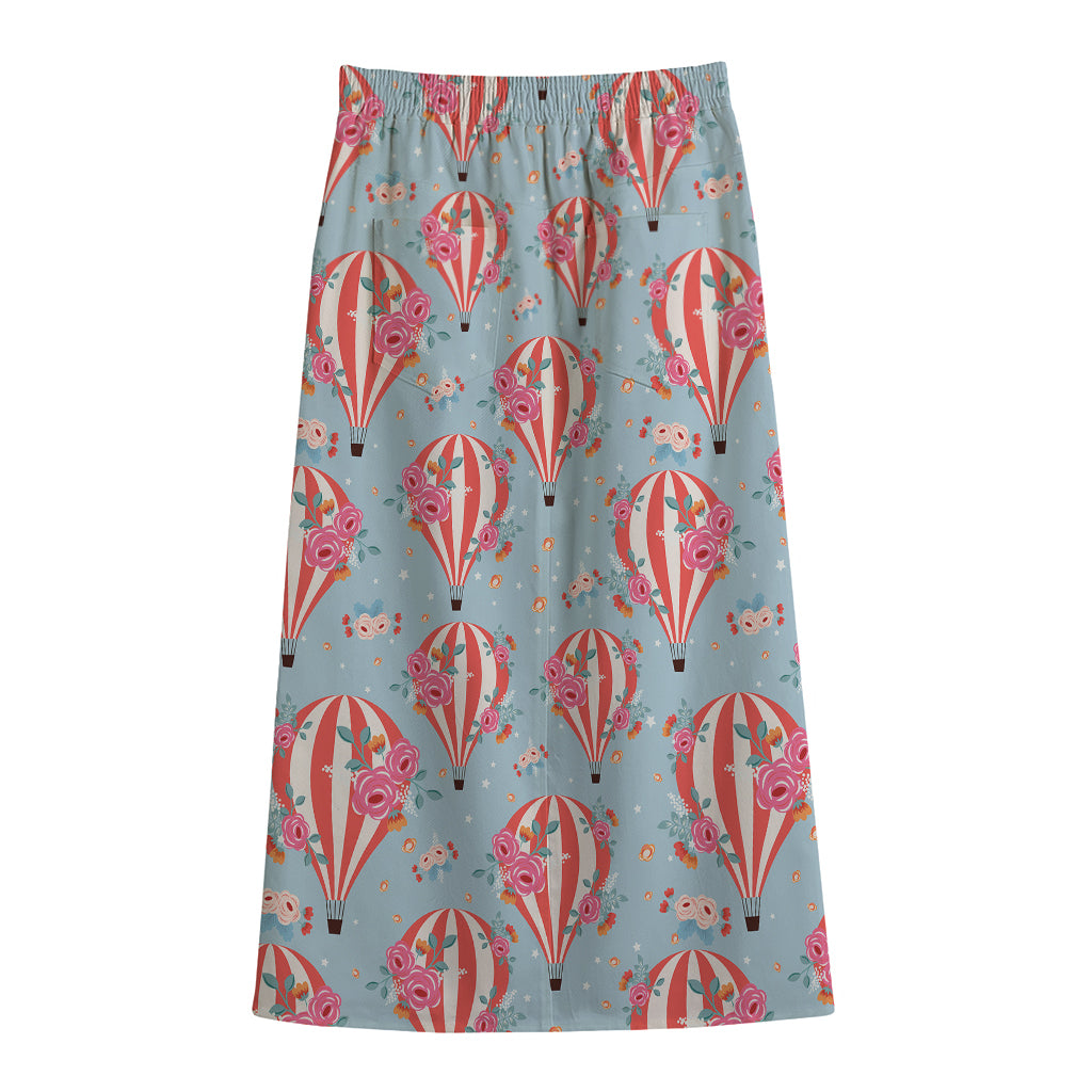 Floral Air Balloon Pattern Print Cotton Front Slit Maxi Skirt