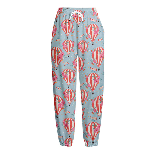 Floral Air Balloon Pattern Print Fleece Lined Knit Pants