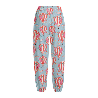 Floral Air Balloon Pattern Print Fleece Lined Knit Pants