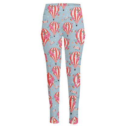Floral Air Balloon Pattern Print High-Waisted Pocket Leggings