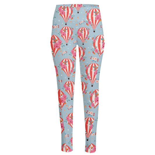 Floral Air Balloon Pattern Print High-Waisted Pocket Leggings