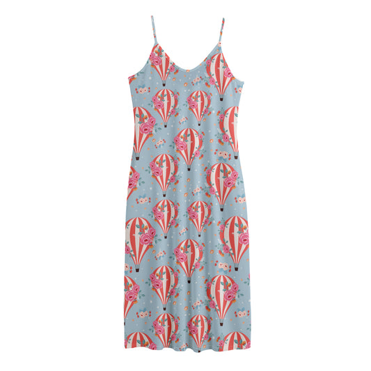 Floral Air Balloon Pattern Print Jersey Midi Cami Dress