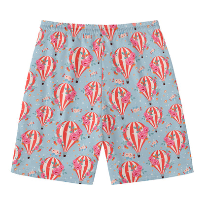 Floral Air Balloon Pattern Print Men's Swim Trunks