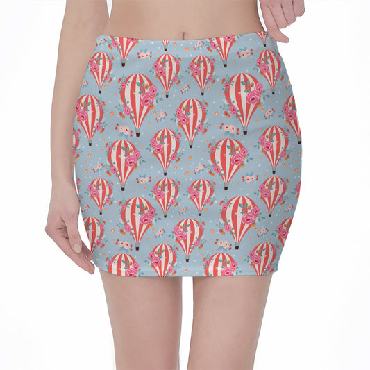 Floral Air Balloon Pattern Print Pencil Mini Skirt
