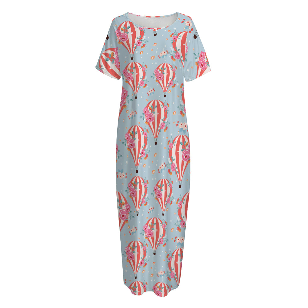 Floral Air Balloon Pattern Print Short Sleeve Long Nightdress