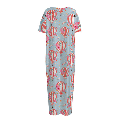 Floral Air Balloon Pattern Print Short Sleeve Long Nightdress
