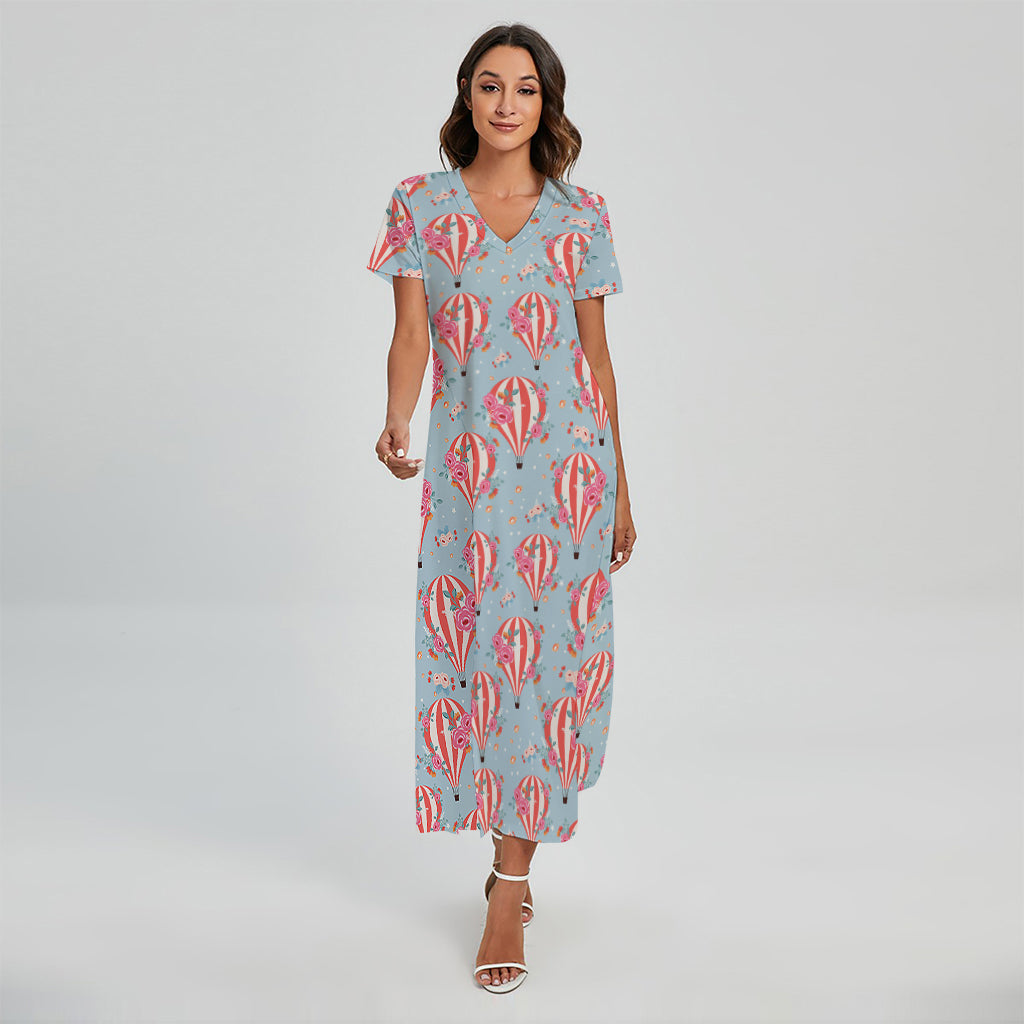 Floral Air Balloon Pattern Print Short Sleeve Maxi Dress