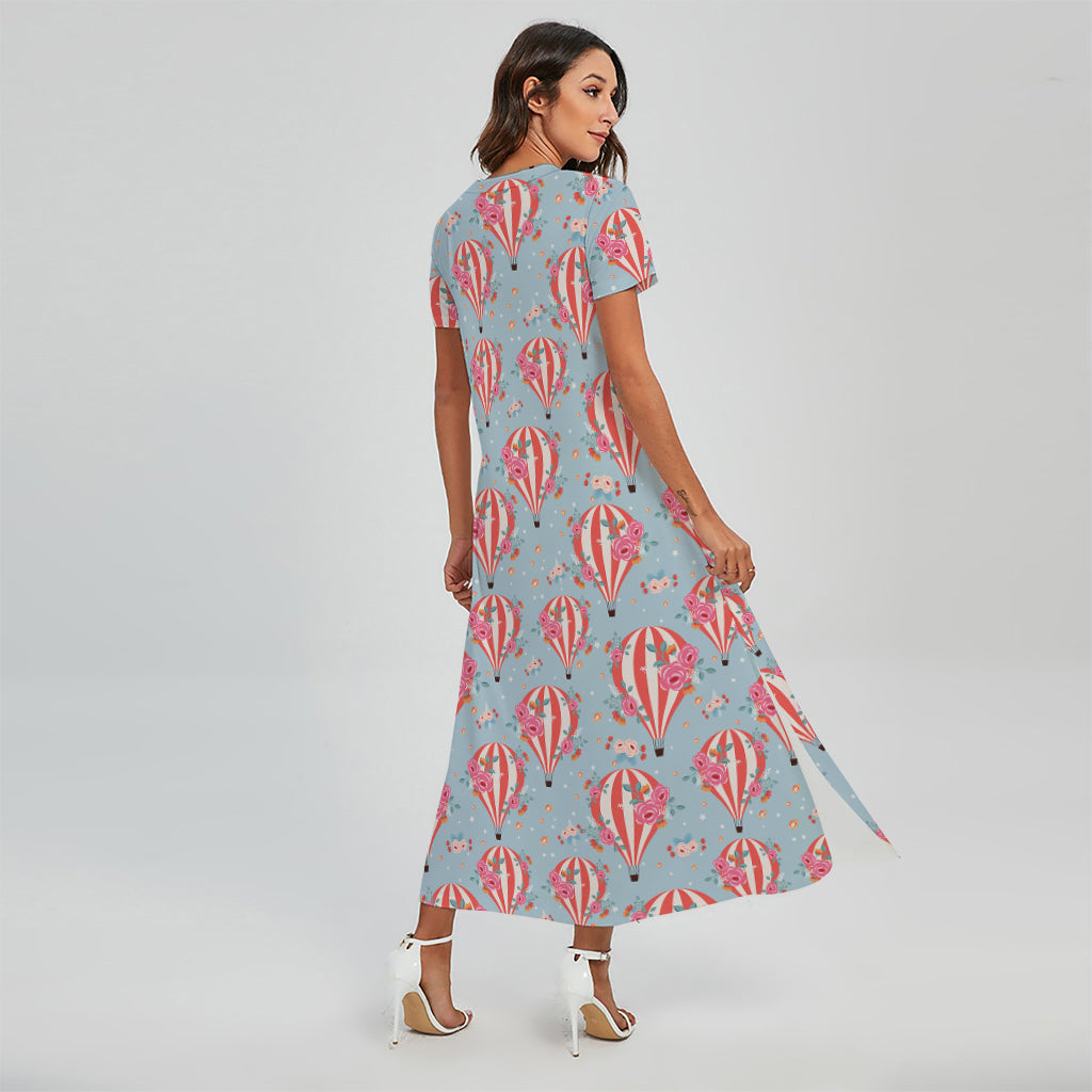 Floral Air Balloon Pattern Print Short Sleeve Maxi Dress
