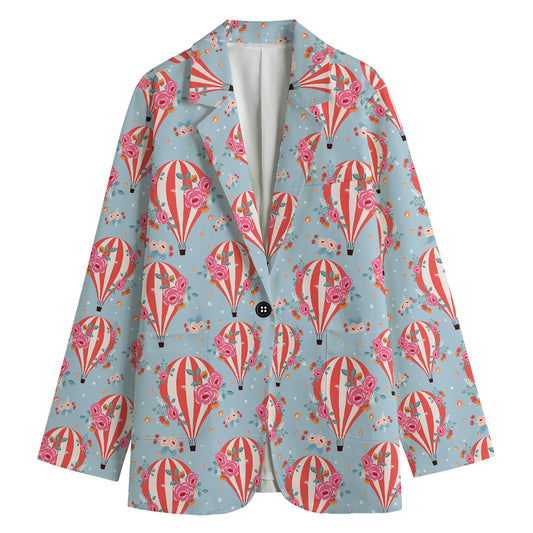Floral Air Balloon Pattern Print Women's Cotton Blazer