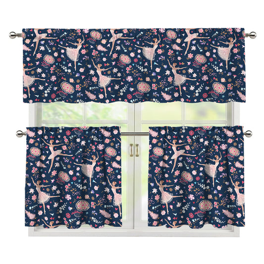 Floral Ballet Pattern Print 3 Piece Kitchen Curtains