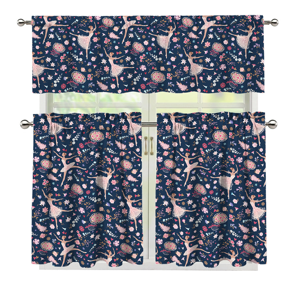 Floral Ballet Pattern Print 3 Piece Kitchen Curtains